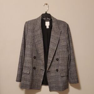 Gray Plaid Double-Breasted Blazer